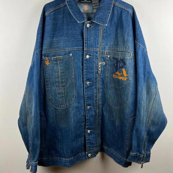 Vintage 2000s Rocawear Denim Jacket 2XL Full Zip Embroidered Logo Spell Out Zip - Picture 1 of 8